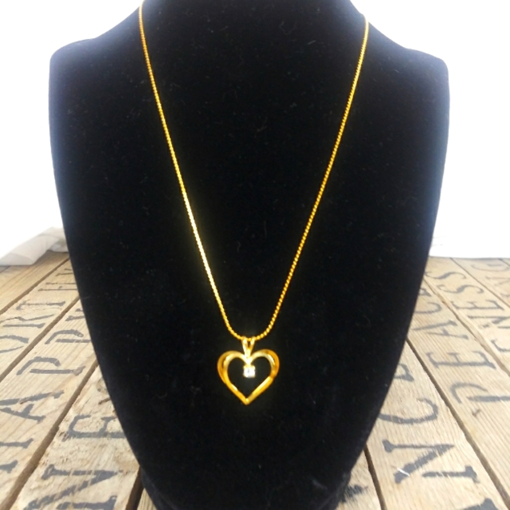 Vintage 1970s Heart Necklace, Gold Plated, Cubic Zirconia
